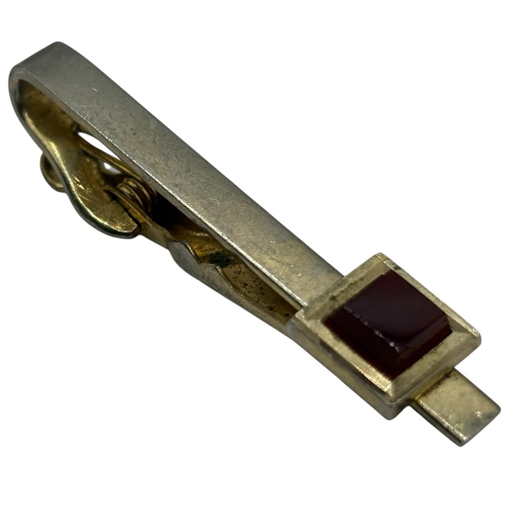 Swank Cufflinks And Tie Clip Red Accent Center Gold Tone Vintage Square Textured - Picture 8 of 13